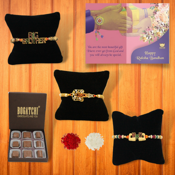 BOGATCHI 9 Chocolate Box 3 Rakhi Roli Chawal and Greeting Card | Rakhi with Chocolates |  Rakhi Chocolates Gifts
